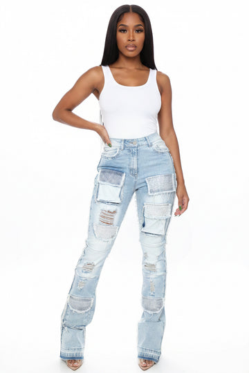 LT. Blue Rhinestone Stacked Jeans