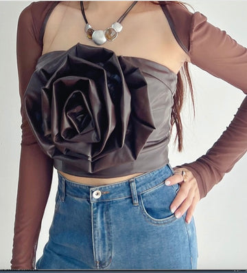 Black Faux Leather Flower Top