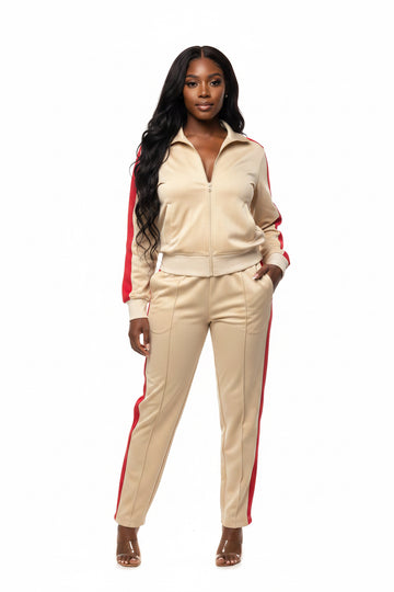 Tan Sweatsuit W/Red Trim