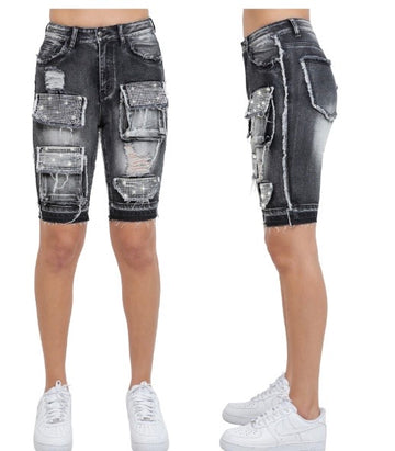 Black Denim Bling Shorts