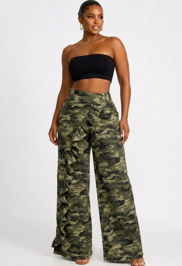 Camo/Ruffle Crossover Pants