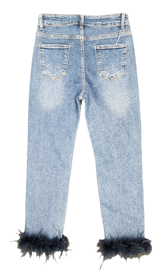 Blue Feather Trim Jeans