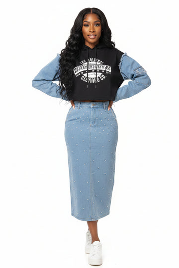 Denim/Black Bling 2PC Skirt Set