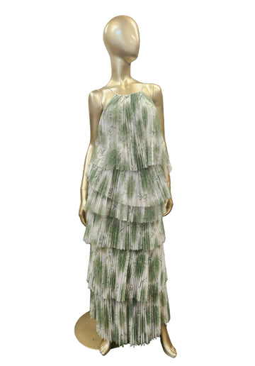 Green Pleated Print Dress