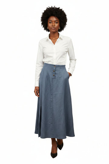 Navy LINEN Skirt W/Front Split